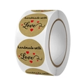 Roll of brown kraft paper stickers featuring handmade with love text and red hearts - C201-Handmade with Love