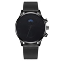 Minimalist black quartz men's watch with mesh band and moon phase display on white background - Black Scale Black Hands Black Strap