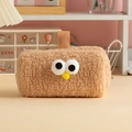 Brown fuzzy monster plush pencil case with large eyes and a yellow pom-pom nose - Tan