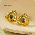 Detail of triangle gold-plated stainless steel earrings with green natural stone inlay - Gold with Green Stone (NMSE-A812-1)