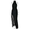 Elegante abito nero di paillettes con scollo all'americana e spacco alto da donna - L / Paillettes Nere