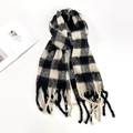 Classic black and white checkered mohair scarf with fringe tassels on white background - Black White Grid