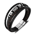 Bracciale multistrato in pelle intrecciata da uomo con dettagli argento e chiusura magnetica - Bracciale in pelle intrecciata multistrato / Nero/Marrone/Argento