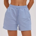 Pantaloncini sportivi azzurri da donna a vita alta con coulisse e tasche laterali - M / Blu Grigio