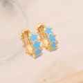Macro shot of gold star-shaped earrings with blue enamel finish and star pattern detail - Blue