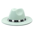 Light green wool fedora hat with black leather belt and vintage silver metal studs decoration - Mint Green