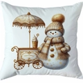 Housse de coussin blanche avec bonhomme de neige et chariot de glace doré vintage - Style 21