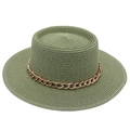 Elegant green boater straw hat featuring a stylish gold acrylic chain decoration - One Size / Military Green (with Acrylic Chain Decor)