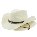 Cream straw cowboy hat featuring a brown braided leather band and turquoise stone accents - M(56-58cm) / Creamy White