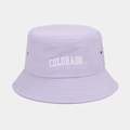 Close-up of lavender bucket hat featuring white Colorado embroidery and metal eyelets - Light Purple
