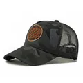 Dark grey camo trucker hat with breathable mesh back and leather logo patch - Black Grey Camouflage