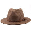 Detailed texture of brown straw fedora hat featuring a studded synthetic leather band - Coffee
