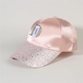 Detail of pink satin baseball cap with sequined brim and rhinestone D letter decor - Style 26-Pink Satin Sequin Label D