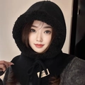 Women's black balaclava winter set with warm plush lining and knitted drawstring hood - Black (Hat Only)