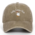 Close-up of Silly Goose Club embroidery on a khaki washed cotton vintage baseball cap - Khaki