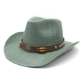 Western sage green straw cowboy hat with a wide roll brim and leather beaded band - M (56-58cm) / Water Lily Green