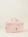 Pink quilted toiletry bag with black bow embroidery and secure zipper closure - Large Handbag / Pink