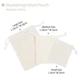 Three sizes of cream velvet drawstring pouches for jewelry storage and gift packaging - Off White