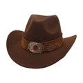 Detail of western cowboy hat with turquoise embroidery and vintage buckle with red gem - One Size / Coffee
