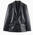 Women's black faux leather blazer jacket featuring a notched lapel and two-button closure - XS / Black