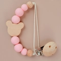 Baby pacifier clip featuring pink silicone beads and a natural wooden bear design - Light Pink(47#)