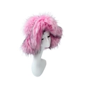 Detailed view of pink faux fur winter earflap hat with fluffy texture on model head - Pink Purple