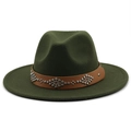 Detail of dark green fedora hat featuring a brown leather band with silver metal rivets - Army Green