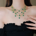 Vintage gold layered pearl choker necklace with emerald green gemstone and rhinestones - Emerald Green Gemstone Style (Rhinestone Four-Layer Gemstone Fringe Necklace)
