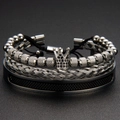 Three-piece crown bracelet set with black zircons and silver textured metal bands - Steel Color Crown Grid Opening with Black Zirconia