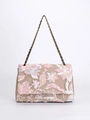 Stro schoudertas met roze pailletten borduurwerk en geweven ketting schouderriem - Roze Bloemen