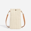 Cream woven phone crossbody bag with brown leather strap and gold metal hardware - White