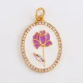 Oval purple rose flower pendant in gold copper with sparkling crystals for DIY jewelry - Gold Oval Zirconia Inlaid Purple Rose