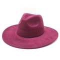 Detail of fuchsia suede fedora showing the pinched crown and wide flat brim design - M (56-59cm) / Wine Red Suede