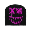 Close-up of black knitted beanie with magenta graffiti pumpkin smile jacquard texture - M (56-58cm) / Black Rose Red