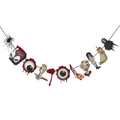 Halloween Party banner with scary hanging decorations like eyes and bloody knives - Halloween Spider Eyeball Banner
