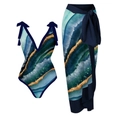 Bikini-Set mit tiefem V-Ausschnitt und langem Wickelrock in blauem Marmor-Design - S / Oberteil Und Unterteil / Tuschmalerei-Serie