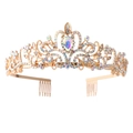 Gold bridal crown with colorful AB rhinestones and a large pear-shaped center crystal - Gold AB Rhinestone