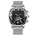 Fashionable men's quartz watch with black dial and silver stainless steel mesh band - Silver