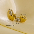 Sparkling golden heart stud earrings with round zircons and size specifications - White Zircon