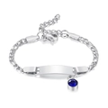 Silver stainless steel ID bracelet with blue birthstone charm and engravable plate - February-Steel-16cm