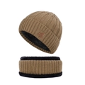 Winter khaki knit beanie and neck warmer set with warm black fleece lining and leaf logo - One Size(Adjustable) / Khaki