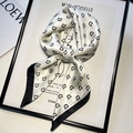 Silk-textured ivory square scarf with black border and repeating letter D pattern - 70x70cm / Letter D-White