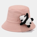 Detail of pink children sun hat featuring a cute 3D panda plush and stitched canvas brim - 54cm / Pink