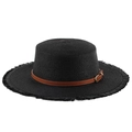 Eleganter schwarzer Strohhut mit braunem Ledergürtel und schickem Fransensaum-Detail - M (56-58cm) / Schwarz