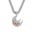 Silver iced out moon pendant necklace with RIP lettering and red cross on cuban chain - 50cm Cuban Chain Set / Silver Moon Necklace Set