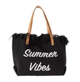 Large black fabric tote bag with Summer Vibes embroidery and fringe details - 46*33*19 / Black