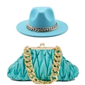 Light blue wide brim wool fedora and matching pleated cloud bag with chunky gold chains - M(56-58cm) / Lake Blue Set