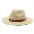 Detail of woven straw fedora with brown leather band and silver metal studs - M (56-58cm) / Beige