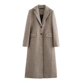 Lange casual damesmantel met bruin en wit pied-de-poule patroon en zwarte knopen - XS / Bruine Houndstooth