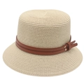 Straw cloche sun hat in cream white featuring brown leather belts and metal buckle bow - One Size / Beige